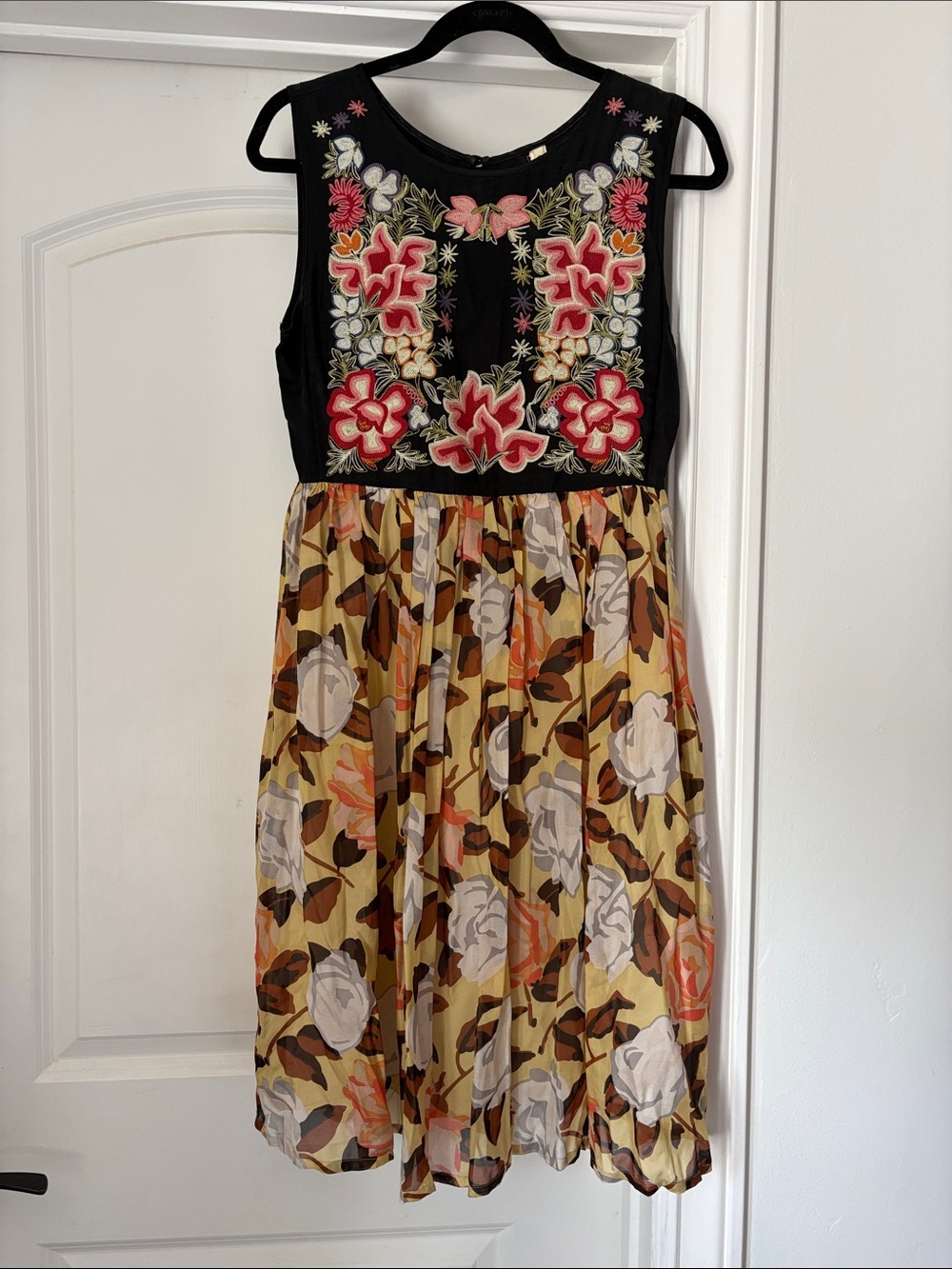 Burning Torch Black Bodice Floral Embroidered & Yellow Rose-Print Skirt Dress